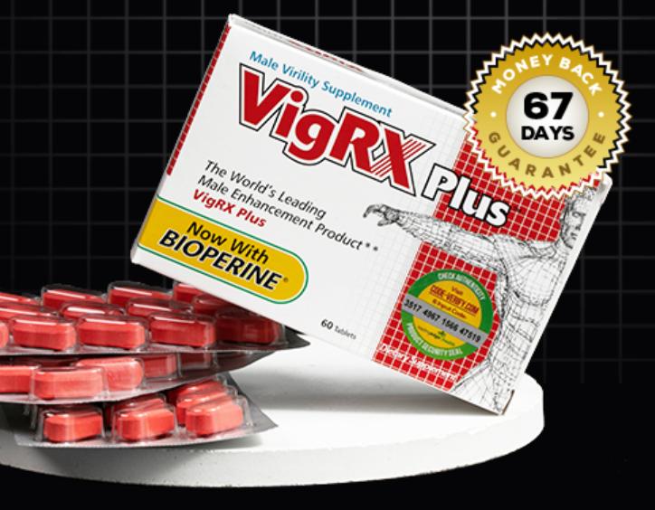 VigRX Plus 60-tablet box with 67-day money-back guarantee seal and pills visible